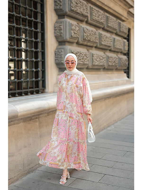 Locco Moda Kadın Vintage Çicek Desenli Elbise Pembe