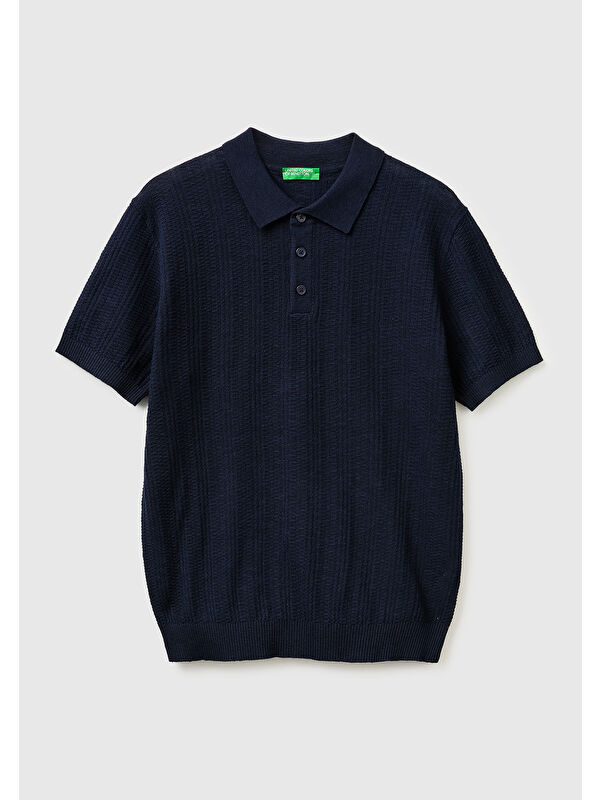 United Colors Of Benetton Erkek Lacivert  Pamuk Keten Karışımlı Düğmeli Örme Dokulu Polo Yaka  Triko T-Shirt