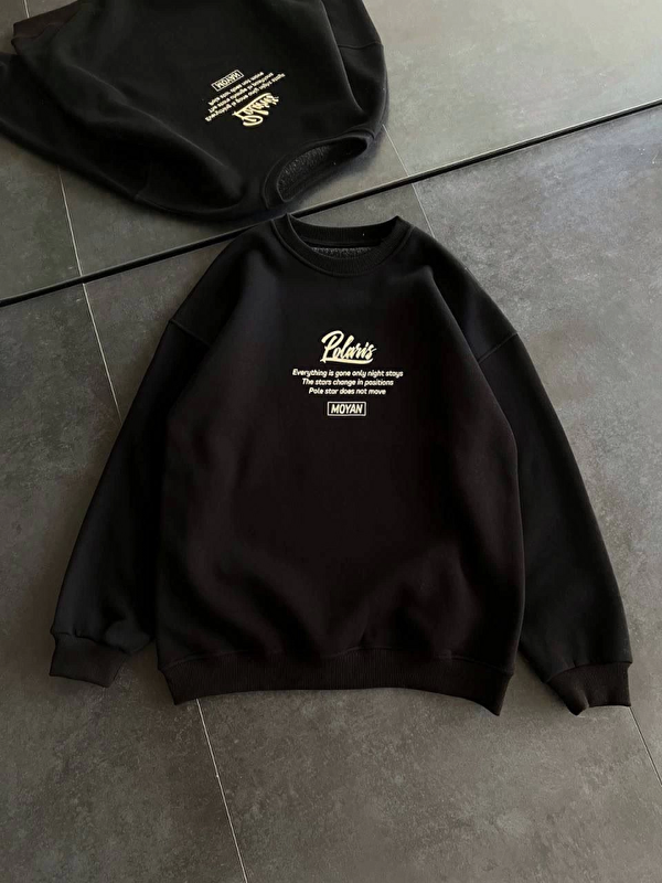 Jane's Kışlık Bisiklet Yaka Ön Ve Arka Baskılı SweatShirt - Siyah