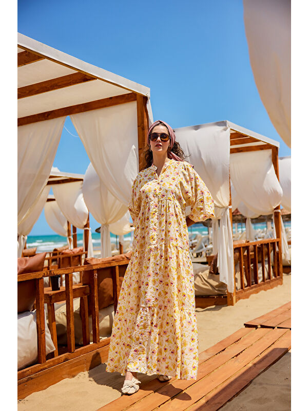 Locco Moda Kadın Sulu Boya Çiçek Desen Elbise Sarı