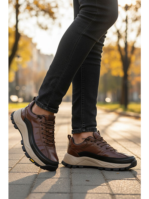 Kahve Hakiki Deri Bağcıklı Erkek Sneaker 25K570 M - Görsel 4