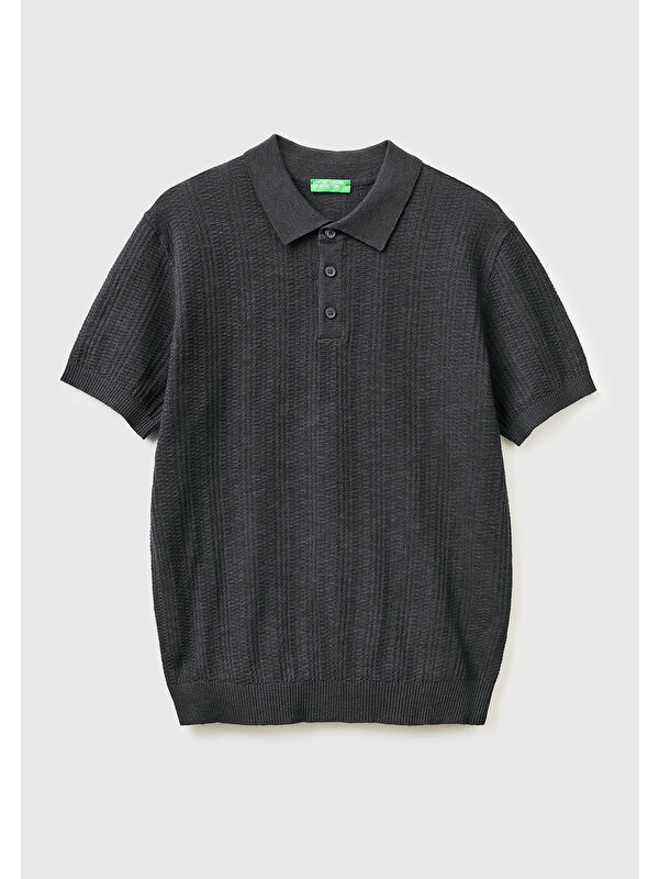 United Colors Of Benetton Erkek Beyaz  Pamuk Keten Karışımlı Düğmeli Örme Dokulu Polo Yaka  Triko T-Shirt