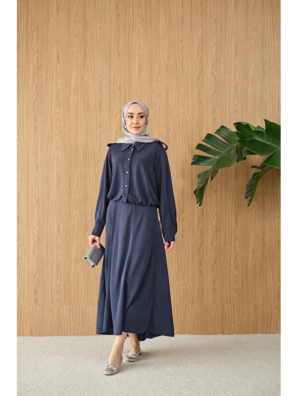 Locco Moda Kadın Gömlek Yaka Gümüş Düğme Detay Takım Lacivert