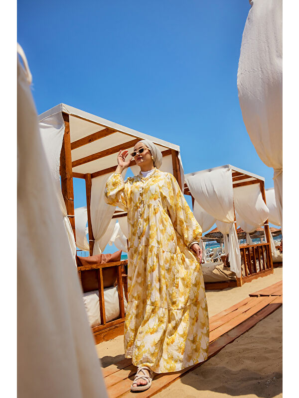Locco Moda Kadın Fırça Desen Elbise Sarı