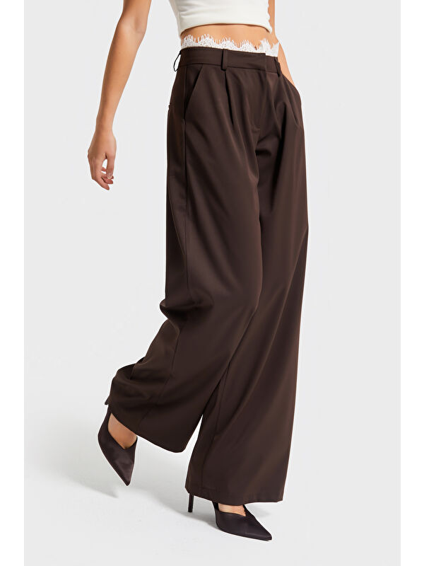It's Basic Kadın Kahverengi w5-16 Palazzo Fit Kemeri Dantel Detaylı Tasarım Pantolon