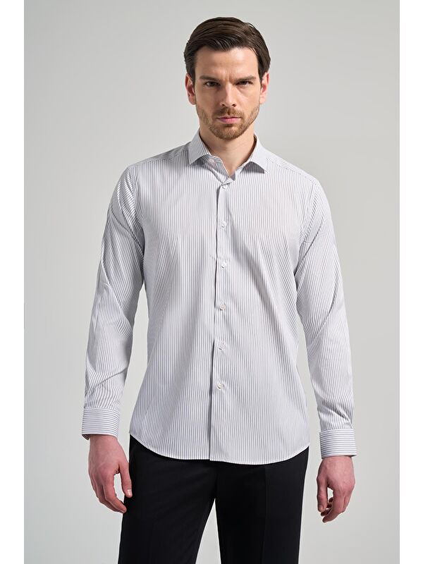 İMZA Uzun Kol Çizgili Desen Bez Ayağı İtalyan Yaka Cepsiz Esnek Classic Slim Fit Gömlek 1004250201