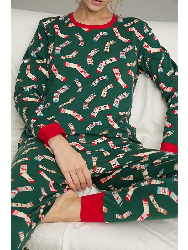 Siyah İnci Yeşil Desenli Pamuklu Bisiklet Yaka Örme Pijama Takım25241133