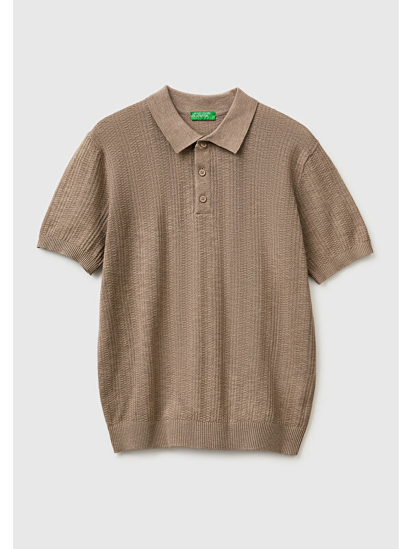 United Colors Of Benetton Erkek Haki  Pamuk Keten Karışımlı Düğmeli Örme Dokulu Polo Yaka  Triko T-Shirt