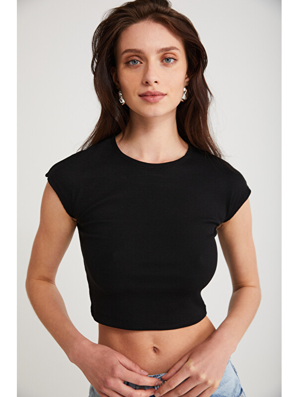ETHIQUET AYRA Kadın Fitilli Görünümlü Slim Fit Vücuda Oturan Bisiklet Yaka Kısa Kollu Crop SİYAH Büstiyer