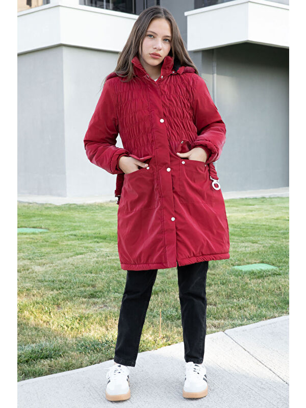 Cansın Mini Bordo Kemerli Nubuk Kumaş Kız Çocuk İçi Kürklü Kapüşonlu Şişme Mont 21314