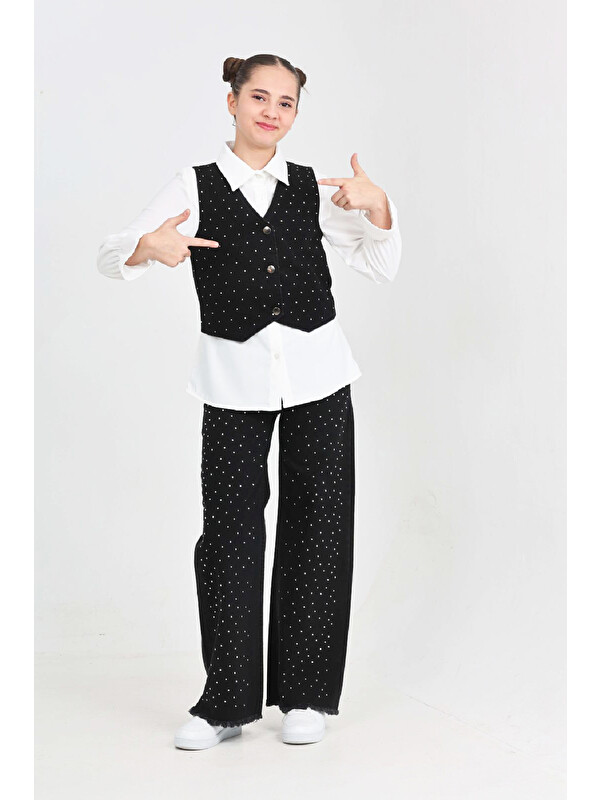 Modanino Kız Çocuk Taş Süslemeli 3'lü Jean Takım 5-15 Yaş 12495