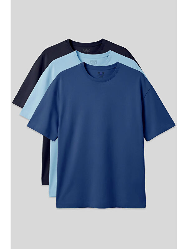 Air Jones Basic Oversize O Yaka 3lü Paket Lacivert-Açık Mavi-Parlament Erkek T-Shirt - 88377