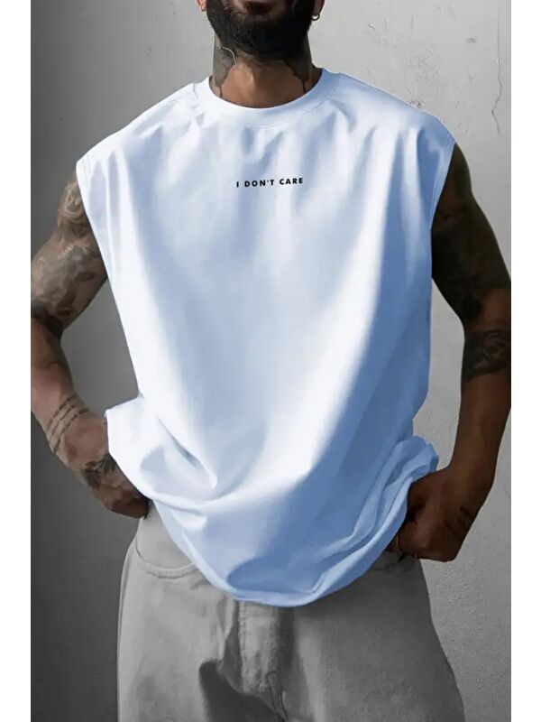 Tarz Cool I Don't Care Baskılı Kolsuz Atlet tshirt Erkek Sıfır Kol Oversize T-SHİRT