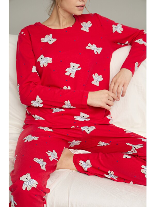 Siyah İnci Kırmızı Ayıcık Desenli Pamuklu Bisiklet Yaka Örme Pijama Takım25241135