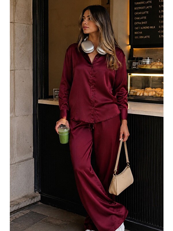 Madmext Bordo Saten Gömlek Pantolon Takım Mg2745