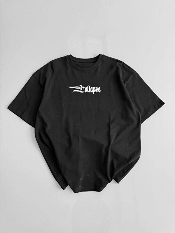 Jane's Baskılı Oversize Bisiklet Yaka T-shirt - Siyah