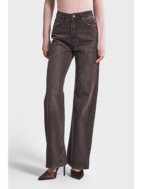 It's Basic Kadın Taşlanmış Koyu Jean Rengi Doris 2w5-138 Straight Fit Yüksek Bel %100 Pamuk Denim Jean