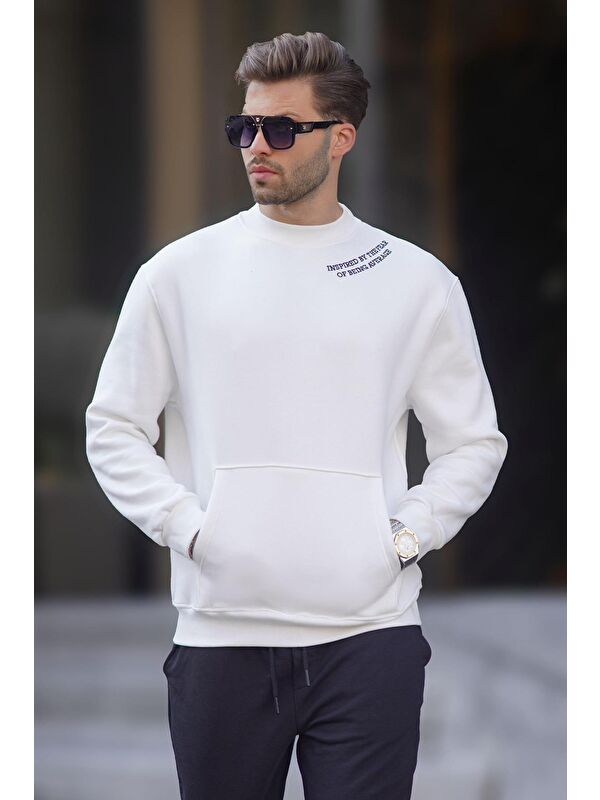 Madmext Ekru Bisiklet Yaka Nakış Detaylı Cepli Erkek Sweatshirt 7049