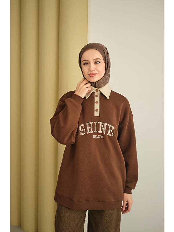 Locco Moda Kadın Deri Yaka Nakışlı Sweat Kahverengi