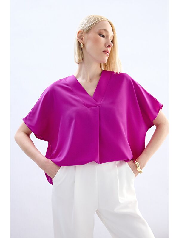 SATEEN Geniş Kısa Kollu Bluz - Fuşya