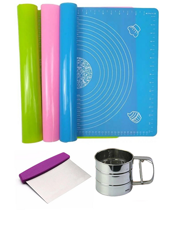 Kitchen Design Lab Silikon Ölçülü  Hamur Açma Matı 45x65 cm Çelik Un Eleği ve Çelik Hamur Kesici