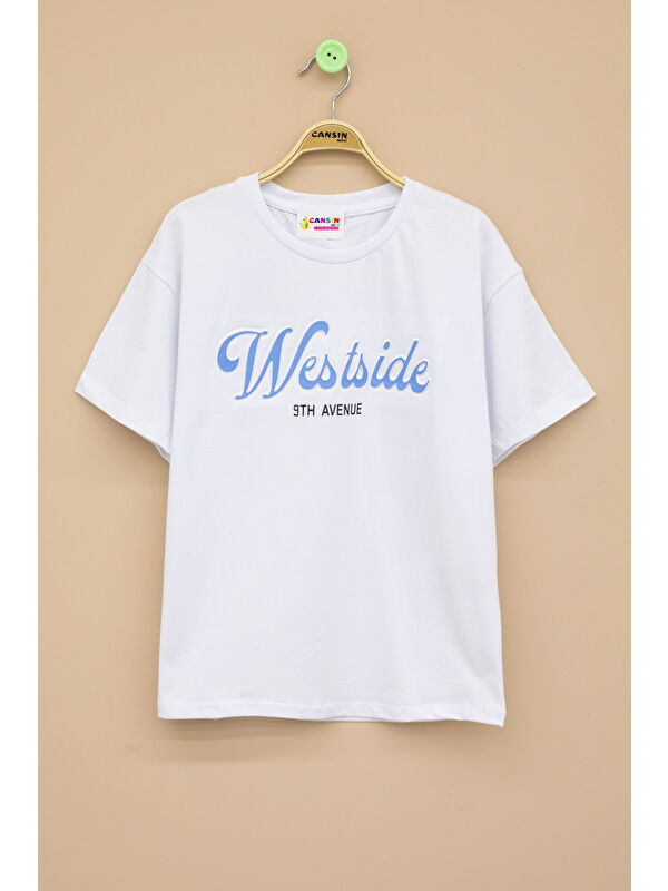 Cansın Mini Ekru West Side Kabartmalı Yazılı Kız Çocuk Bisiklet Yaka Tişört 20976
