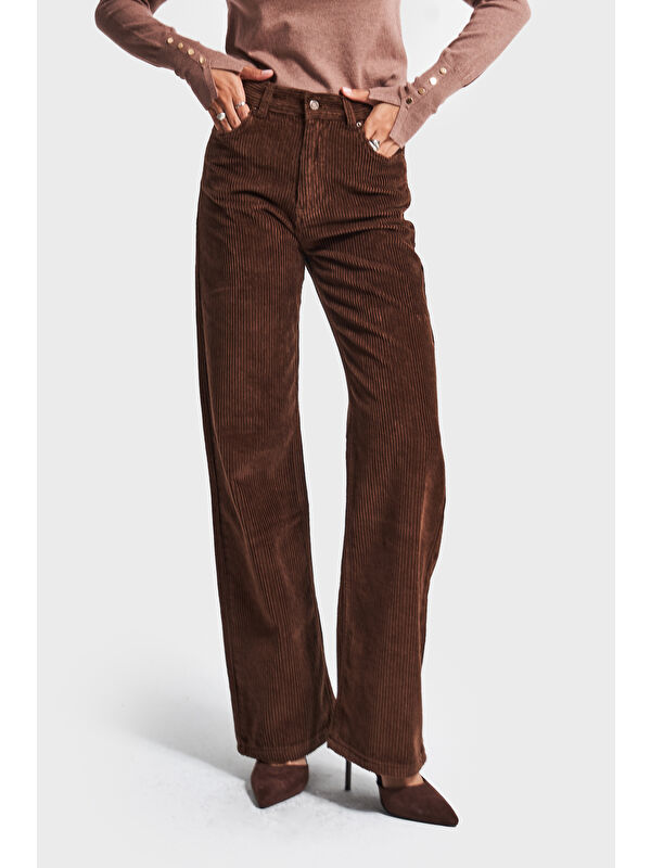 It's Basic Kadın Kahverengi Doris 26w5-42 Straight Fit Yüksek Bel İç Boy 80cm Kalın Fitilli Kadife Velvet Kumaş