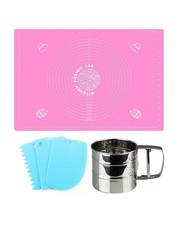 Kitchen Design Lab Pembe 45x65 cm Silikon Hamur Açma Matı Çelik Un Eleği ve Hamur Şekillendirme Seti 3’lü