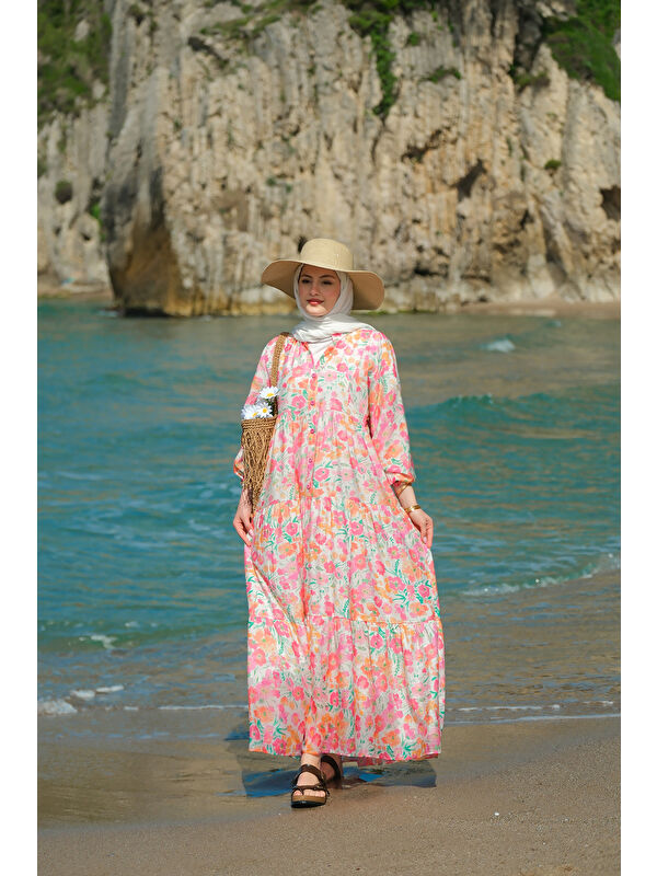 Locco Moda Kadın Sarmaşık Çicek Desenli Elbise Pembe