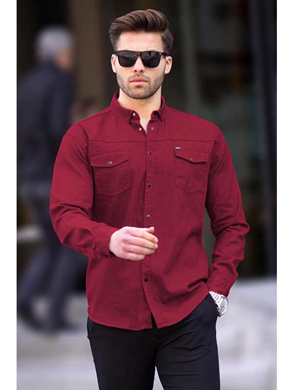Madmext Bordo Rahat Kalıp Gabardin Erkek Gömlek 6810