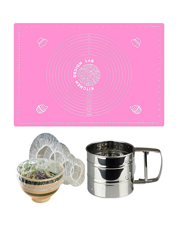 Kitchen Design Lab Pembe 45x65 cm Silikon Hamur Açma Matı Çelik Un Eleği ve Hamur Dinlendirme Poşeti 8'li