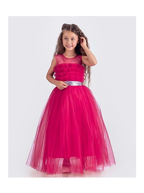 Mnk Baby & Kids Sapes Model Sırt Gipeli Tüllü Kız Çocuk Askılı Saten Abiye MNK0618