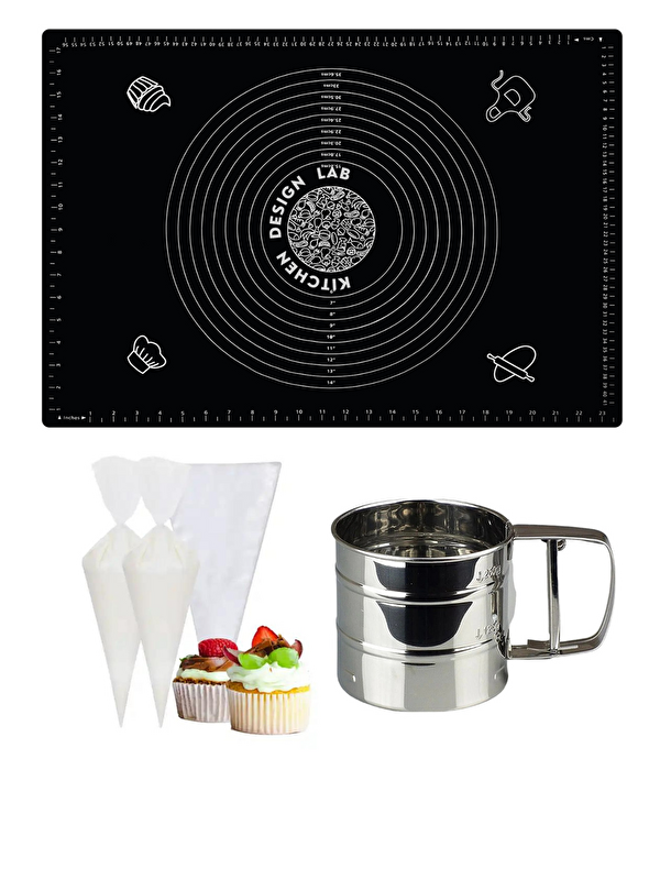 Kitchen Design Lab Siyah 45x65 cm Silikon Hamur Açma Matı Çelik Un Eleği ve Kullan At Krema Sıkma Torbası Seti