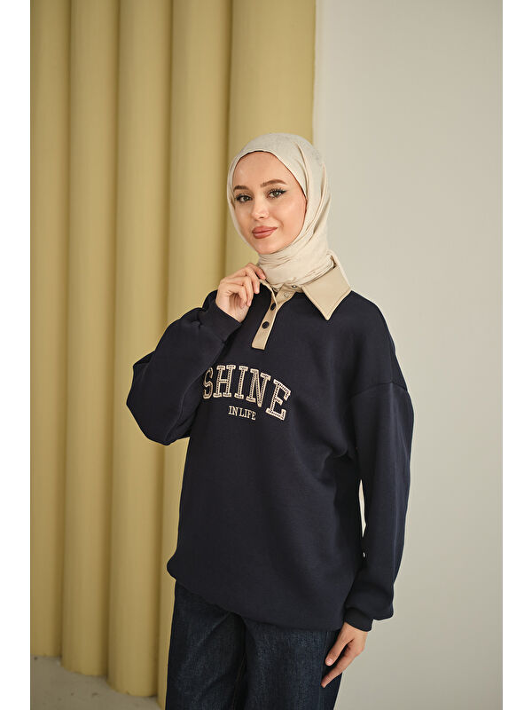Locco Moda Kadın Deri Yaka Nakışlı Sweat Lacivert