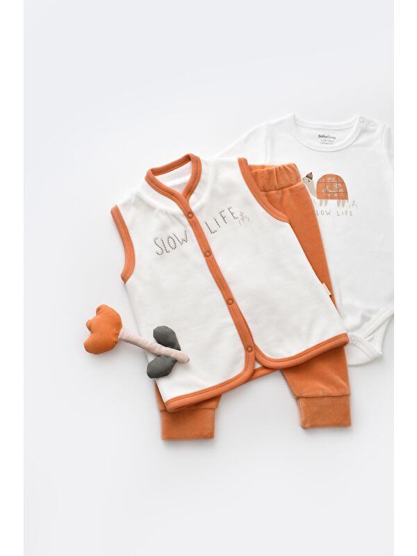 Magu Unisex Bebek Organik Kadife Pamuklu Kaplumbağa Desenli Alt-Üst Takım - Body Yelek Pantolon