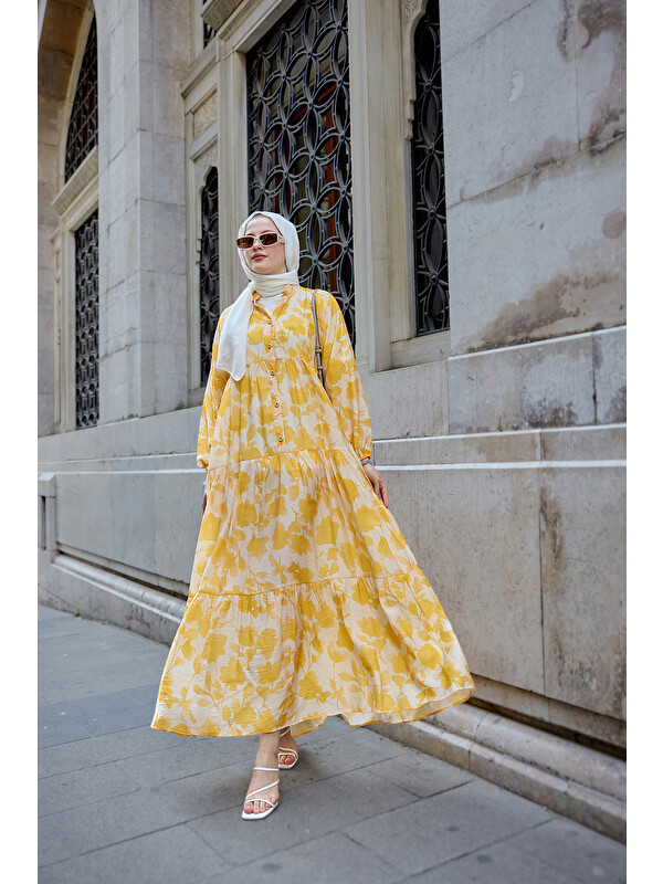 Locco Moda Kadın Çicek Desenli Viskon Elbise Sarı