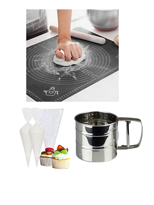 Kitchen Design Lab 45x65 cm Silikon Hamur Açma Matı Çelik Un Eleği ve Kullan At Krema Sıkma Torbası Seti