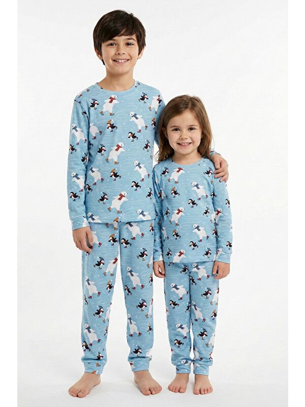 ZUZUNGA Unisex İnterlok Bebe Mavisi Yılbaşı Temalı Pijama Takımı