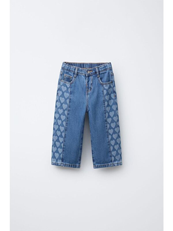 Magu Kız Çocuk Mavi Kalp Desenli Denim Pantolon