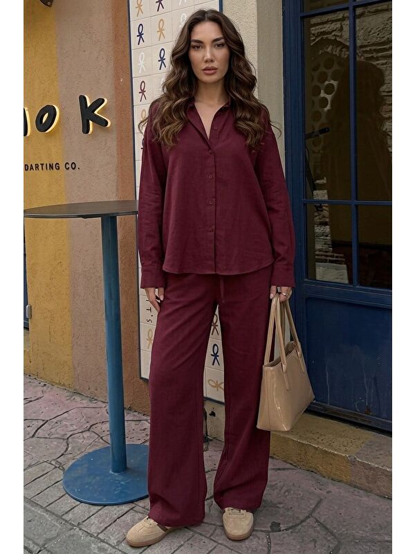 Madmext Bordo Keten Kadın Gömlek Pantolon İkili Takım Mg2356