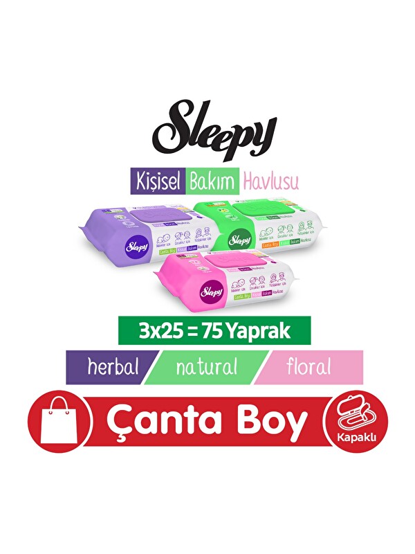 Sleepy Natural + Floral + Herbal Kişisel Bakım Havlusu Çanta Boy 3x25 (75 Yaprak)