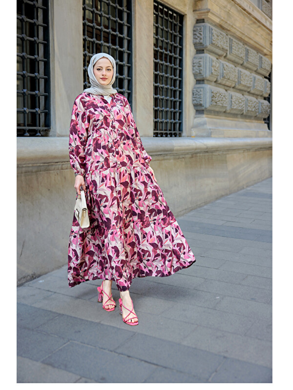 Locco Moda Kadın Botanik Desen Elbise Fuşya
