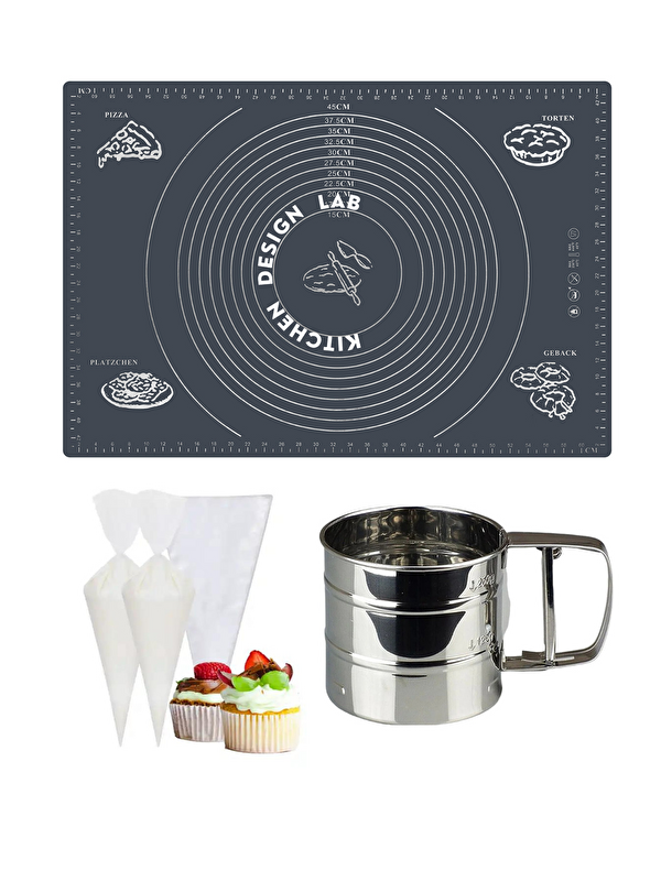 Kitchen Design Lab Gri 45x65 cm Silikon Hamur Açma Matı Çelik Un Eleği ve Kullan At Krema Sıkma Torbası Seti