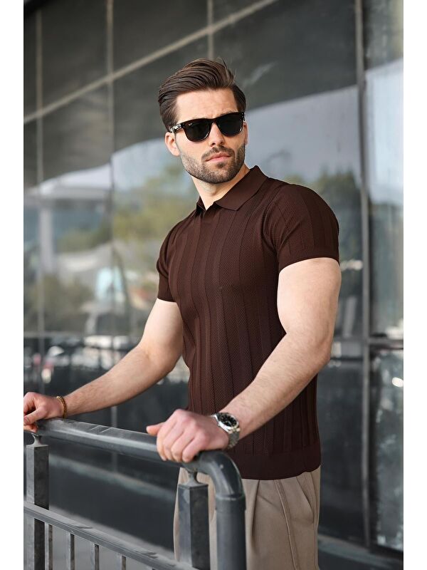 Madmext Kahverengi Slim Fit Polo Yaka Triko Erkek Tişört E7491
