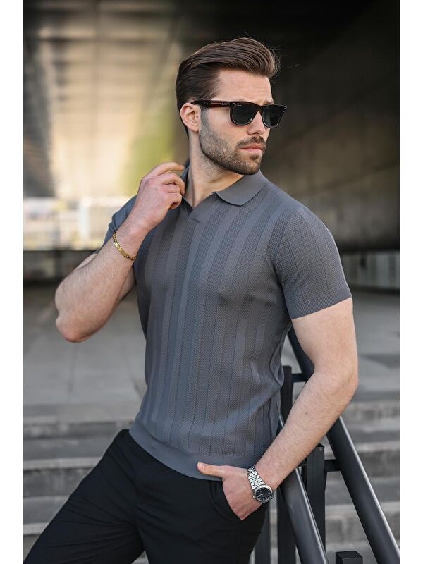 Madmext Antrasit Slim Fit Polo Yaka Triko Erkek Tişört E7491