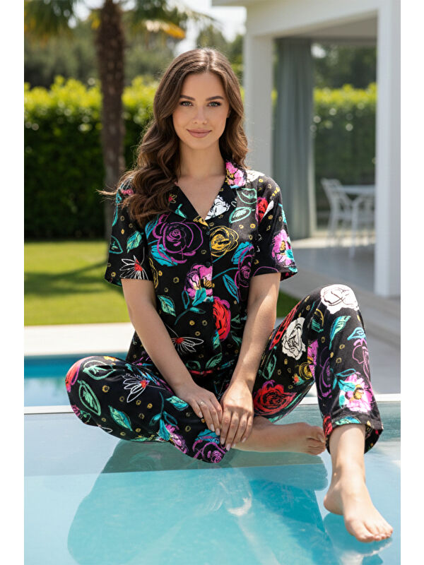 Remsa Kadın Kısa Kol Elastanlı Viskon Pijama Takımı 0177 Siyah04