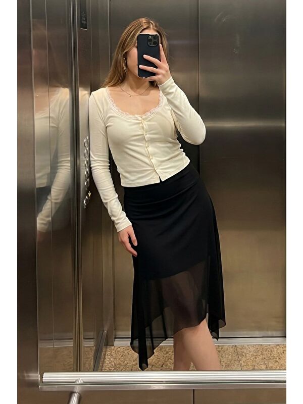Madmext Siyah Şifon Asimetrik Kesim Midi Etek Mg2777