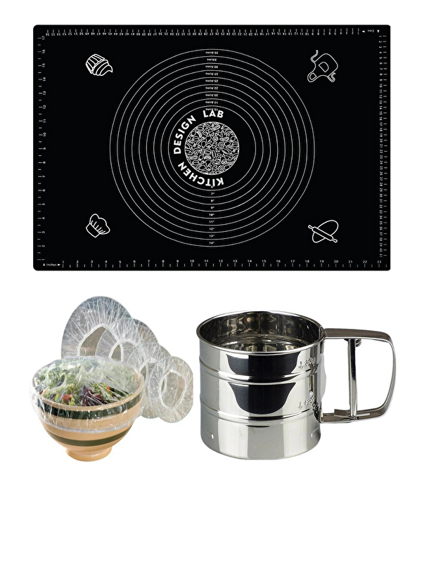 Kitchen Design Lab Siyah 45x65 cm Silikon Hamur Açma Matı Çelik Un Eleği ve Hamur Dinlendirme Poşeti 8'li