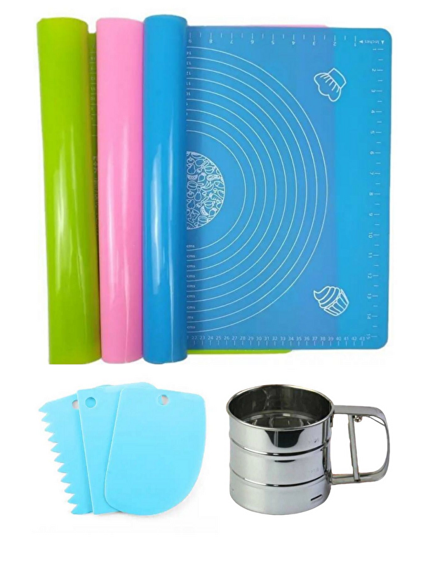 Kitchen Design Lab Ölçülü  Hamur Açma Matı 45 cm x 65 cm Çelik Un Eleği ve Hamur Şekillendirme Seti 3'lü