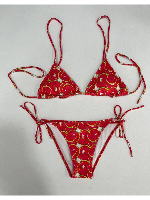 Hazelin Kadın Kırmızı Karpuz Desen Boyundan İp Bağlamalı Üçgen Bikini Takımı HZL25S-LC5005